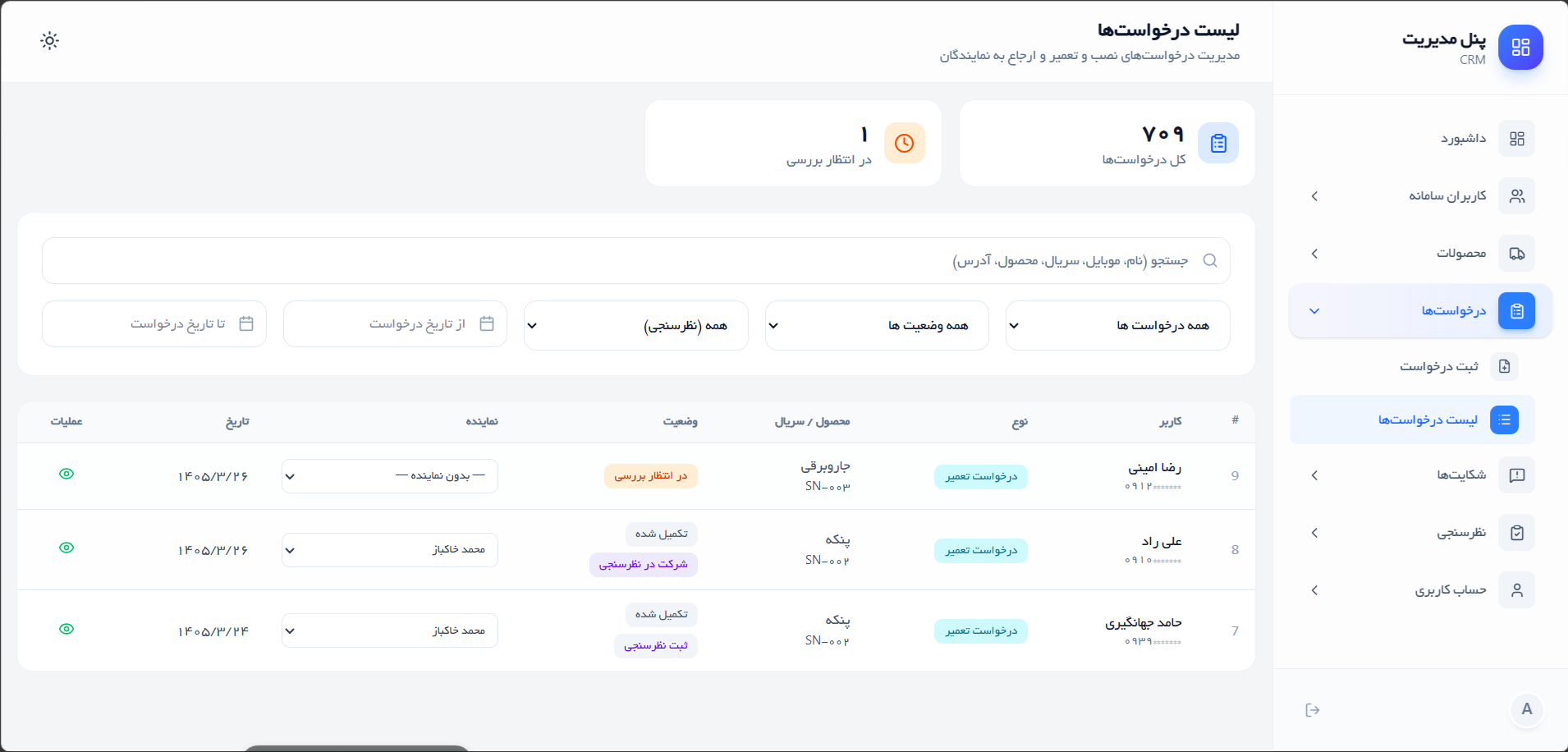 پنل مدیریت CRM سازمان استاندارد — گزارشات و مدیریت